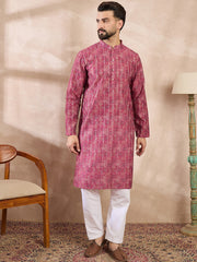 Ethnic Bay Men Pink Silk Blend Ethnic Motifs Printed Straight Kurta With Trouser-MKSET1997