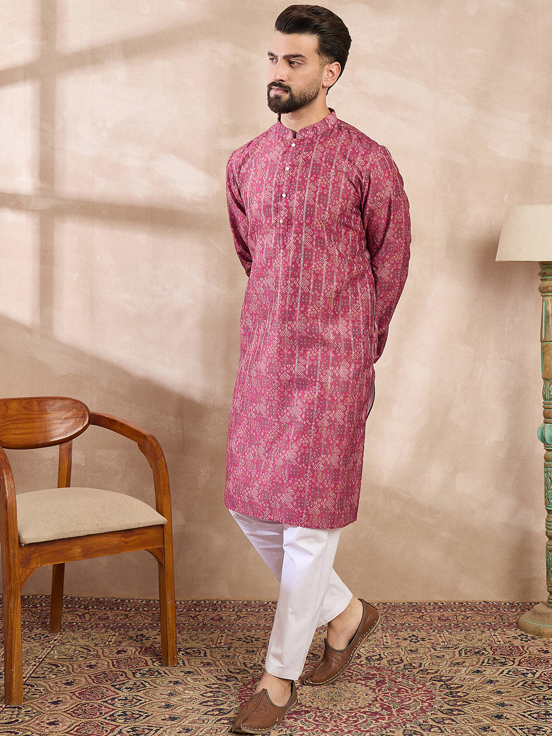 Ethnic Bay Men Pink Silk Blend Ethnic Motifs Printed Straight Kurta With Trouser