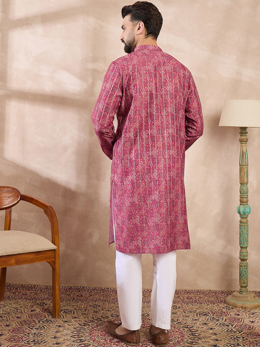 Ethnic Bay Men Pink Silk Blend Ethnic Motifs Printed Straight Kurta With Trouser