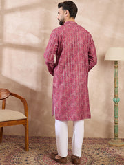Ethnic Bay Men Pink Silk Blend Ethnic Motifs Printed Straight Kurta With Trouser-MKSET1997