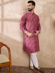 Ethnic Bay Men Pink Silk Blend Ethnic Motifs Printed Straight Kurta With Trouser-MKSET1997