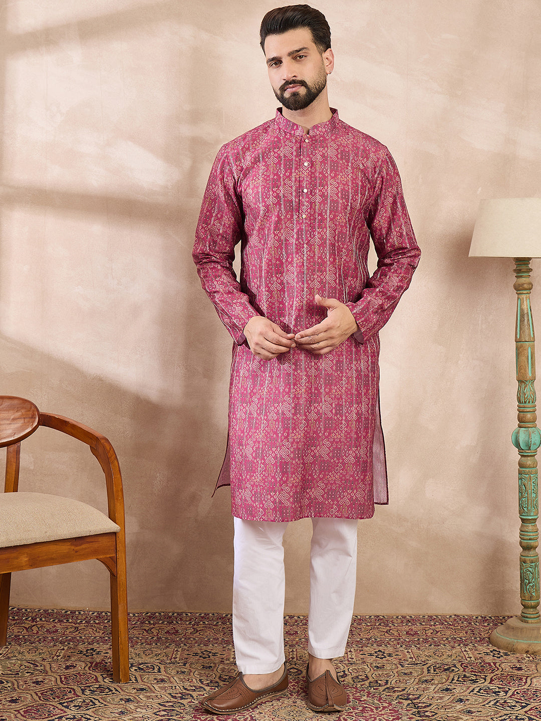 Ethnic Bay Men Pink Silk Blend Ethnic Motifs Printed Straight Kurta With Trouser