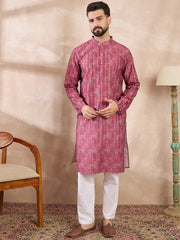 Ethnic Bay Men Pink Silk Blend Ethnic Motifs Printed Straight Kurta With Trouser-MKSET1997