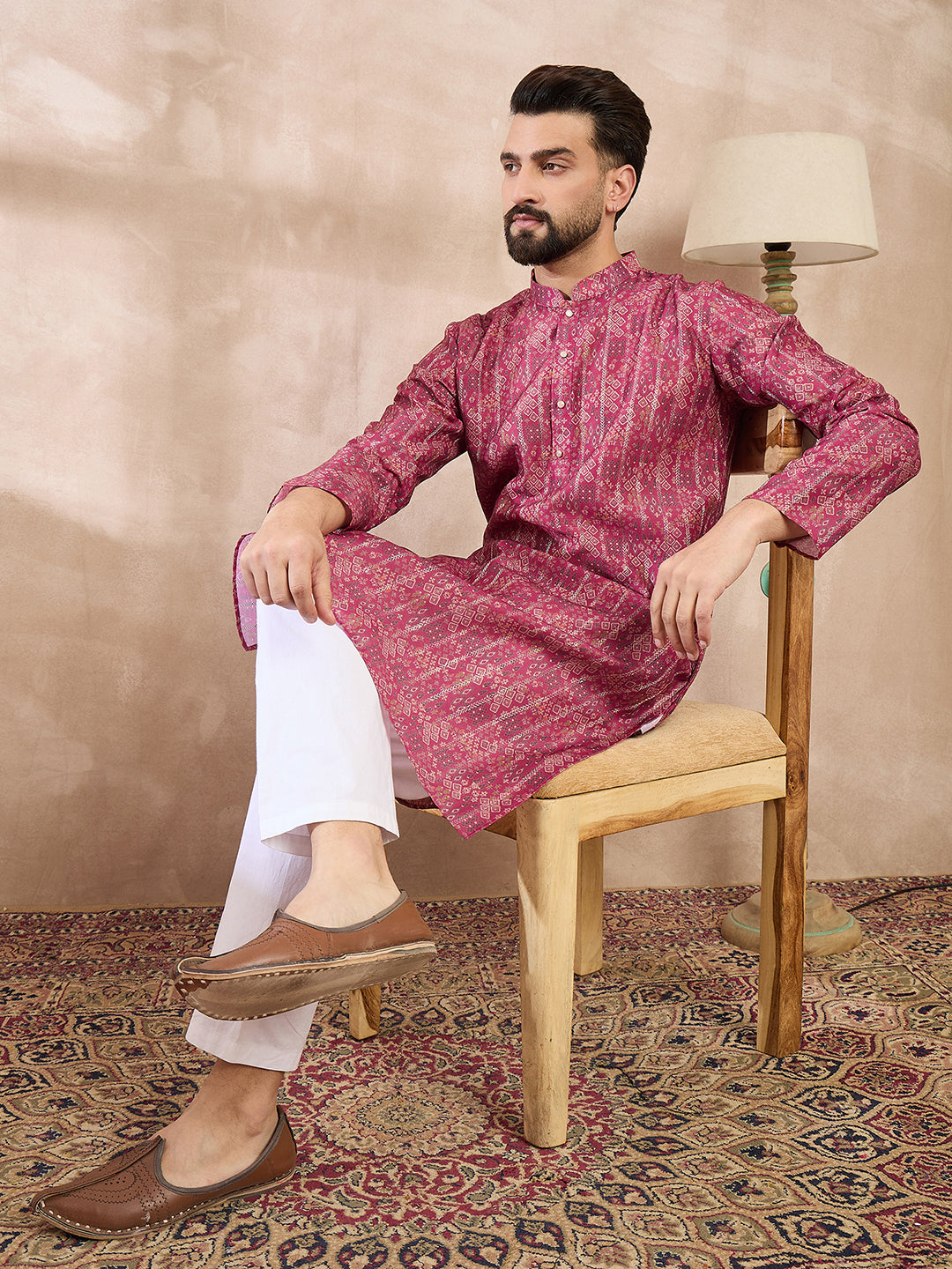 Ethnic Bay Men Pink Silk Blend Ethnic Motifs Printed Straight Kurta With Trouser