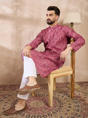 Ethnic Bay Men Pink Silk Blend Ethnic Motifs Printed Straight Kurta With Trouser-MKSET1997