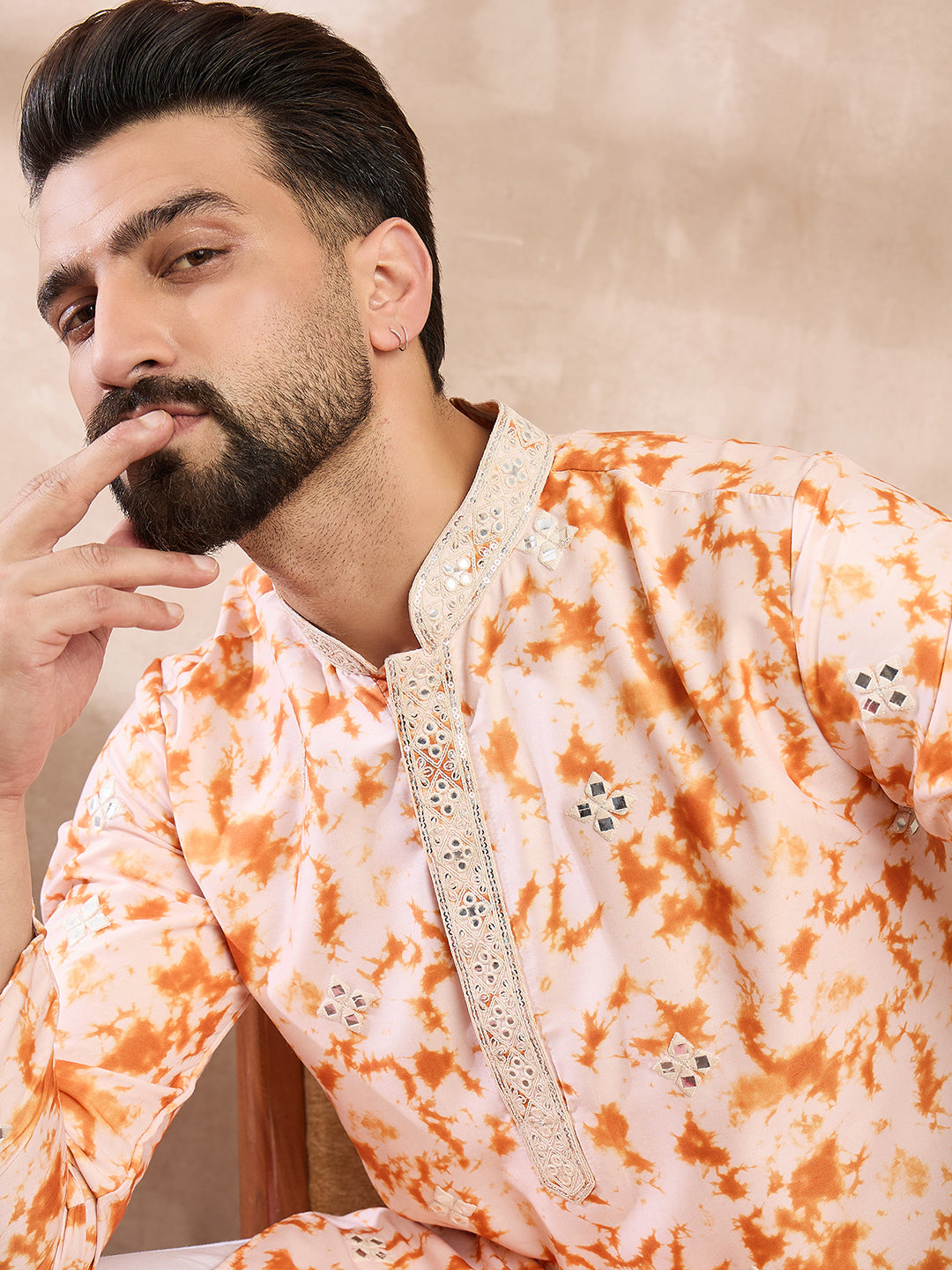 Ethnic Bay Men Orange Silk Blend Solid Embroidered Straight Kurta With Trouser-MKSET2002