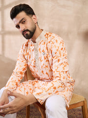 Ethnic Bay Men Orange Silk Blend Solid Embroidered Straight Kurta With Trouser-MKSET2002