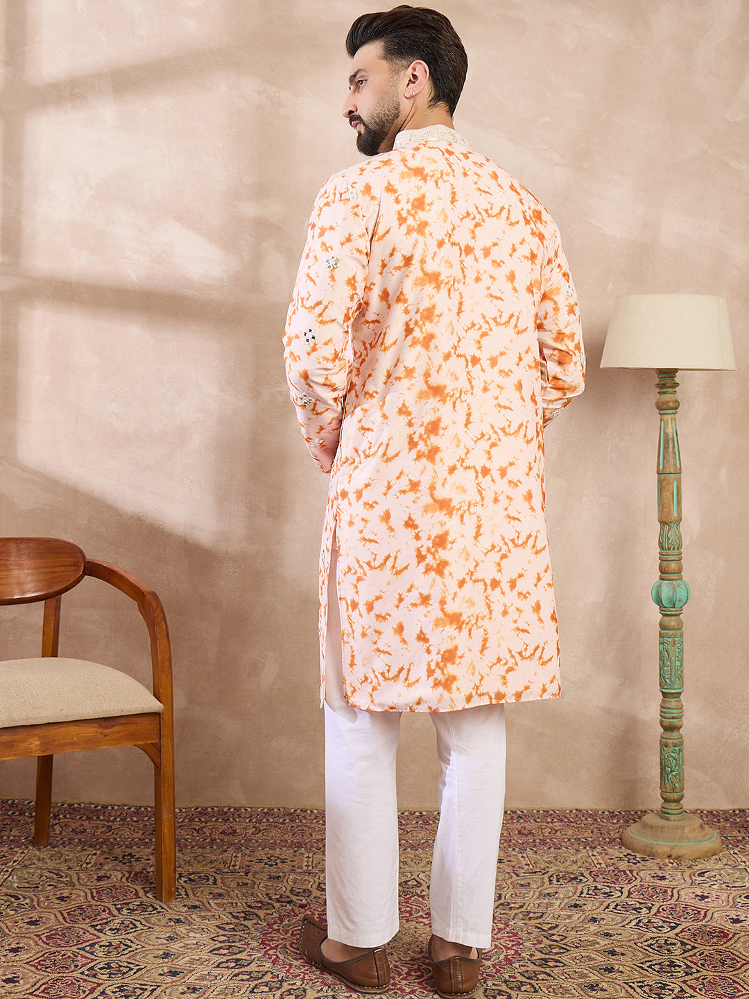Ethnic Bay Men Orange Silk Blend Solid Embroidered Straight Kurta With Trouser