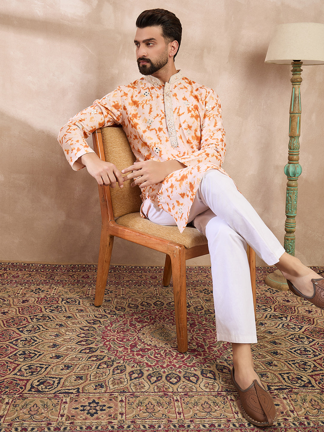 Ethnic Bay Men Orange Silk Blend Solid Embroidered Straight Kurta With Trouser