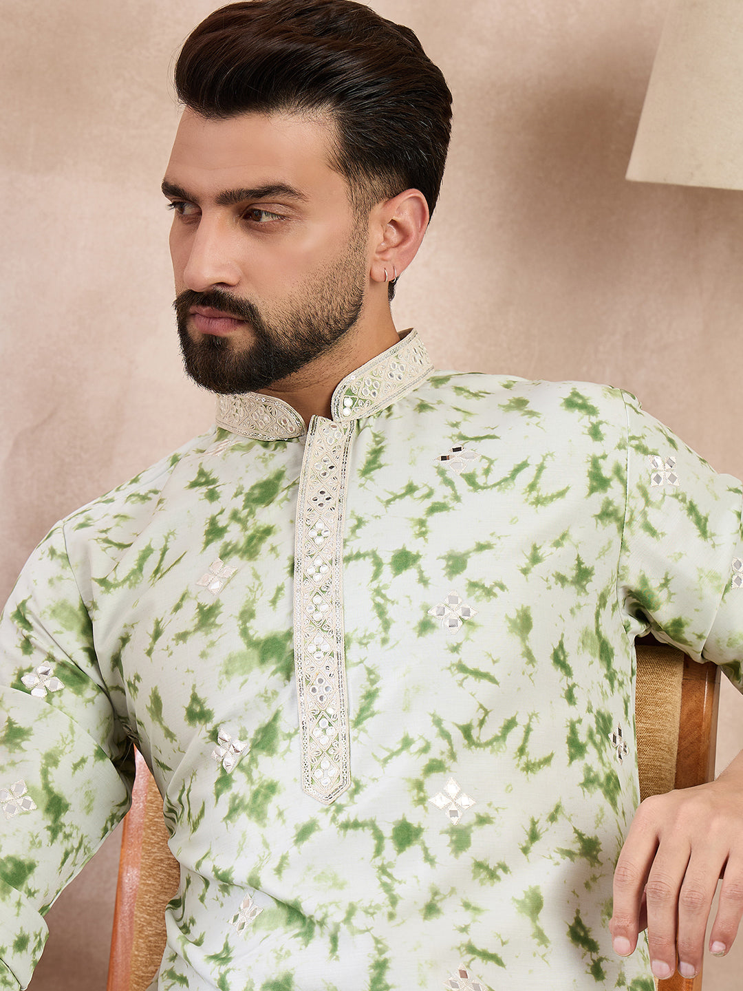 Ethnic Bay Men Green Silk Blend Solid Embroidered Straight Kurta With Trouser-MKSET2003