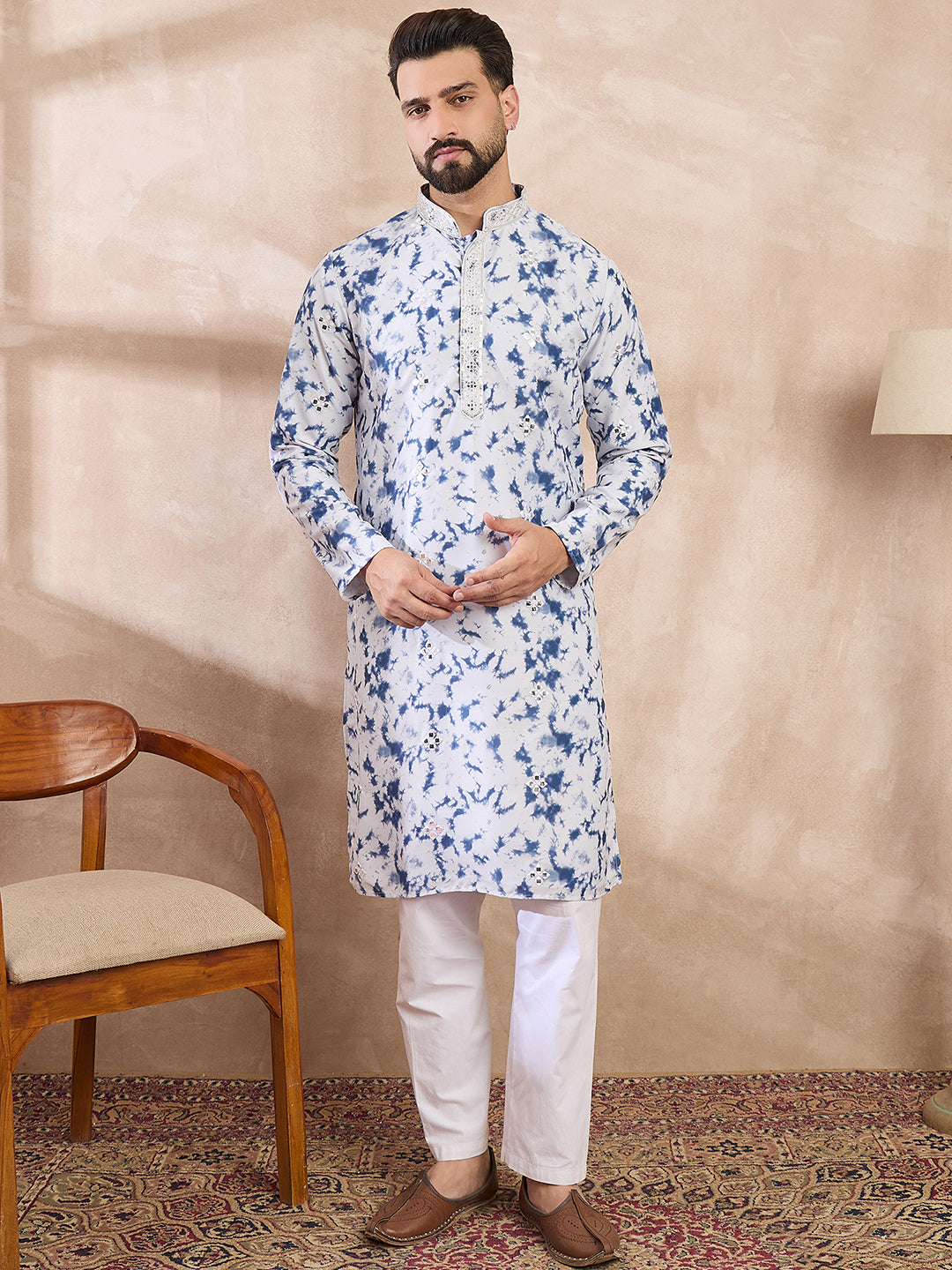 Ethnic Bay Men Blue Silk Blend Solid Embroidered Straight Kurta With Trouser