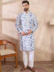 Ethnic Bay Men Blue Silk Blend Solid Embroidered Straight Kurta With Trouser-MKSET2004