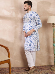 Ethnic Bay Men Blue Silk Blend Solid Embroidered Straight Kurta With Trouser-MKSET2004