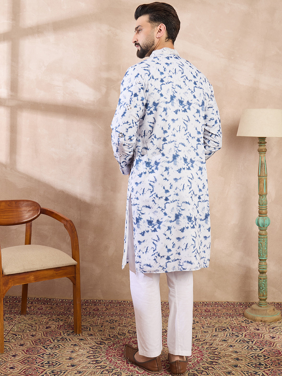 Ethnic Bay Men Blue Silk Blend Solid Embroidered Straight Kurta With Trouser