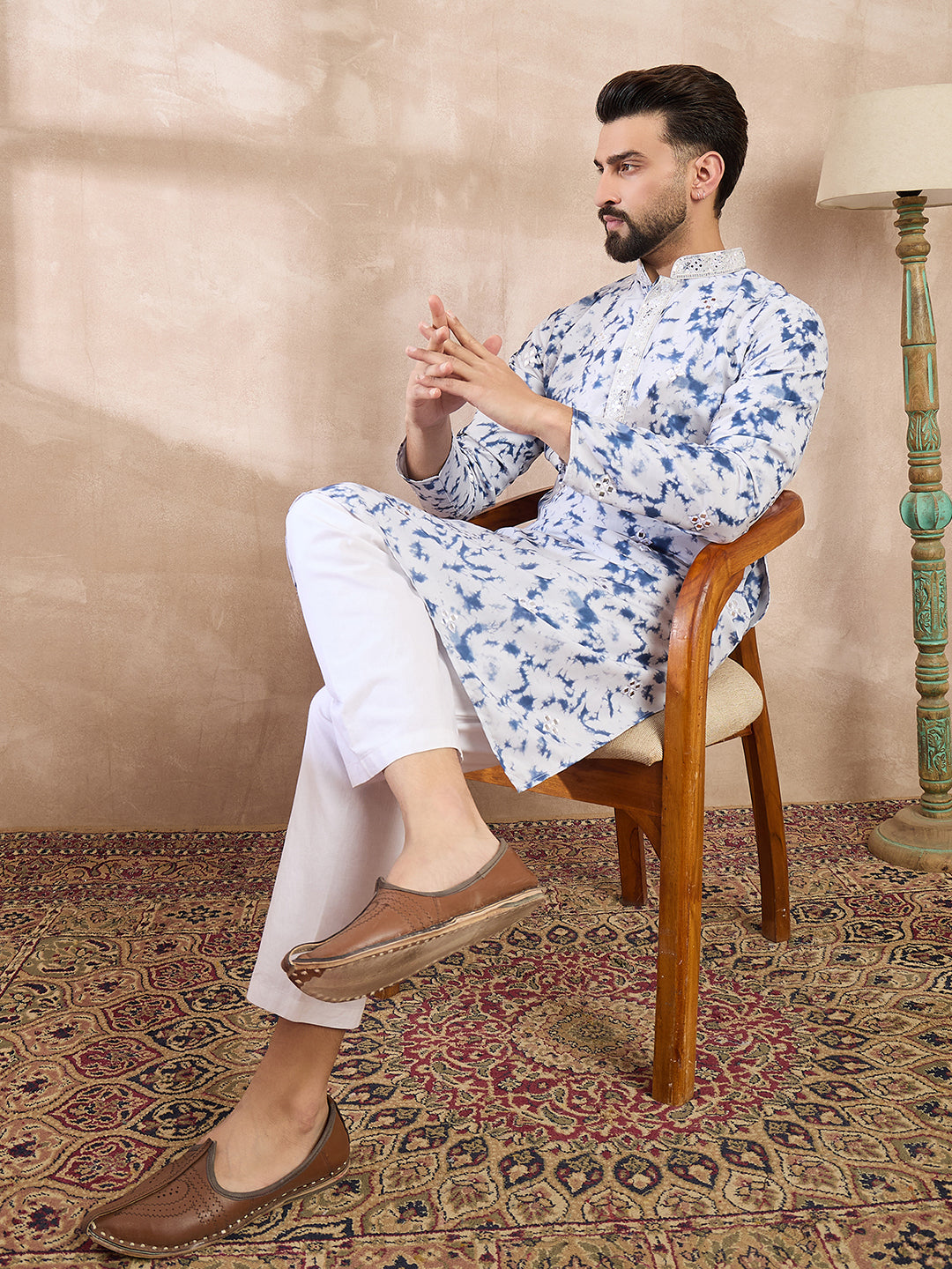 Ethnic Bay Men Blue Silk Blend Solid Embroidered Straight Kurta With Trouser