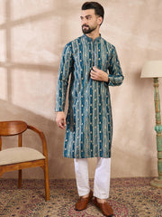Ethnic Bay Men Turquoise Blue Silk Blend Abstract Printed Straight Kurta With Trouser-MKSET2005