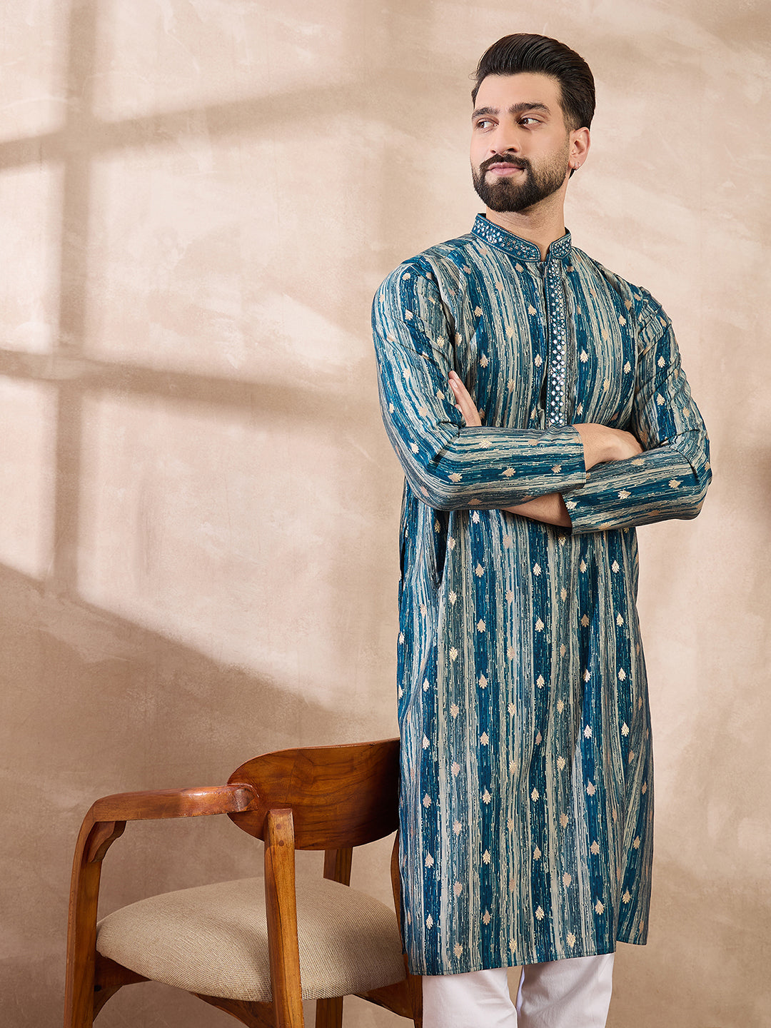 Ethnic Bay Men Turquoise Blue Silk Blend Abstract Printed Straight Kurta With Trouser