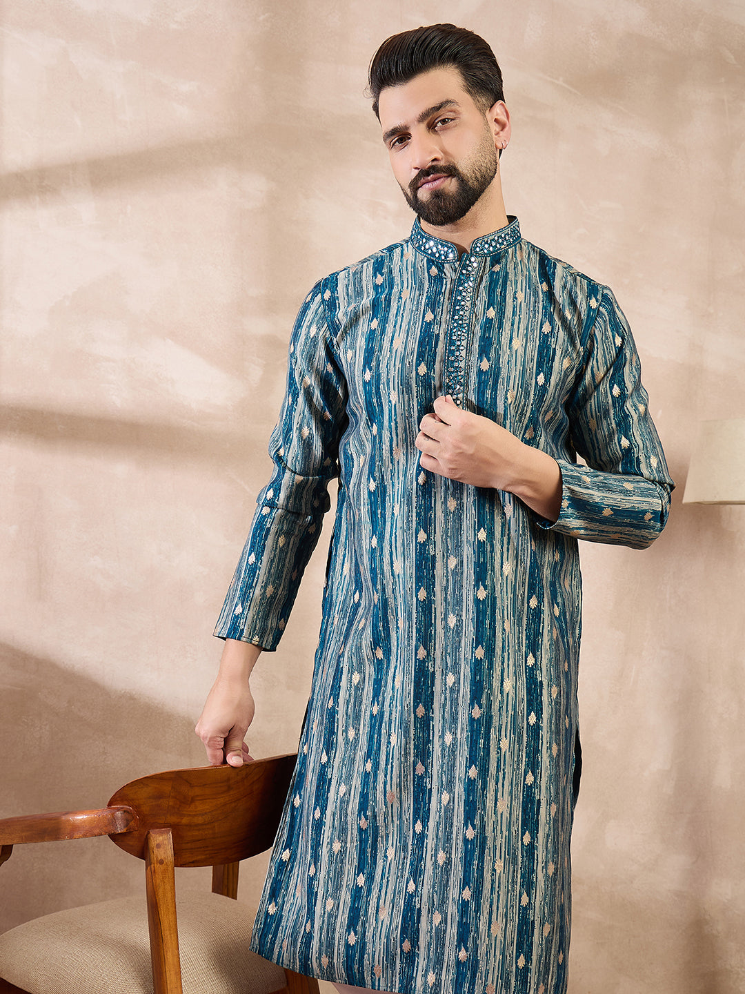 Ethnic Bay Men Turquoise Blue Silk Blend Abstract Printed Straight Kurta With Trouser