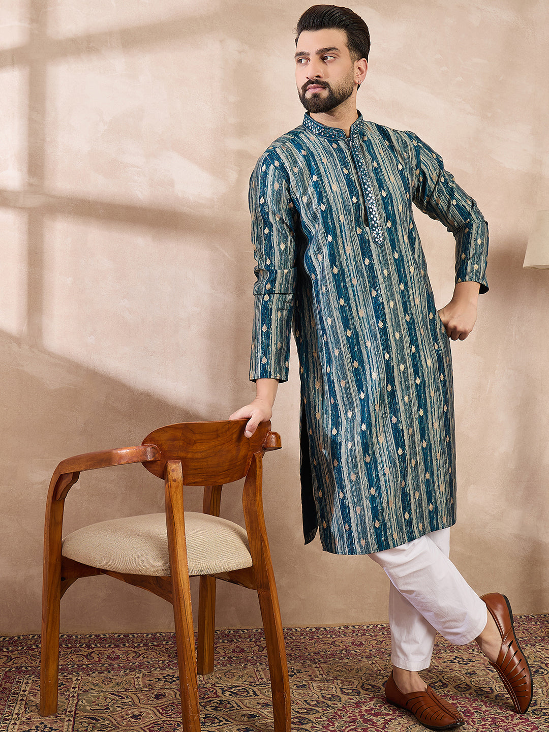 Ethnic Bay Men Turquoise Blue Silk Blend Abstract Printed Straight Kurta With Trouser