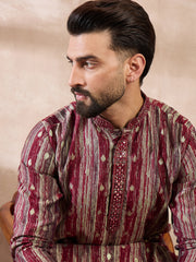 Ethnic Bay Men Maroon Silk Blend Abstract Printed Straight Kurta With Trouser-MKSET2006