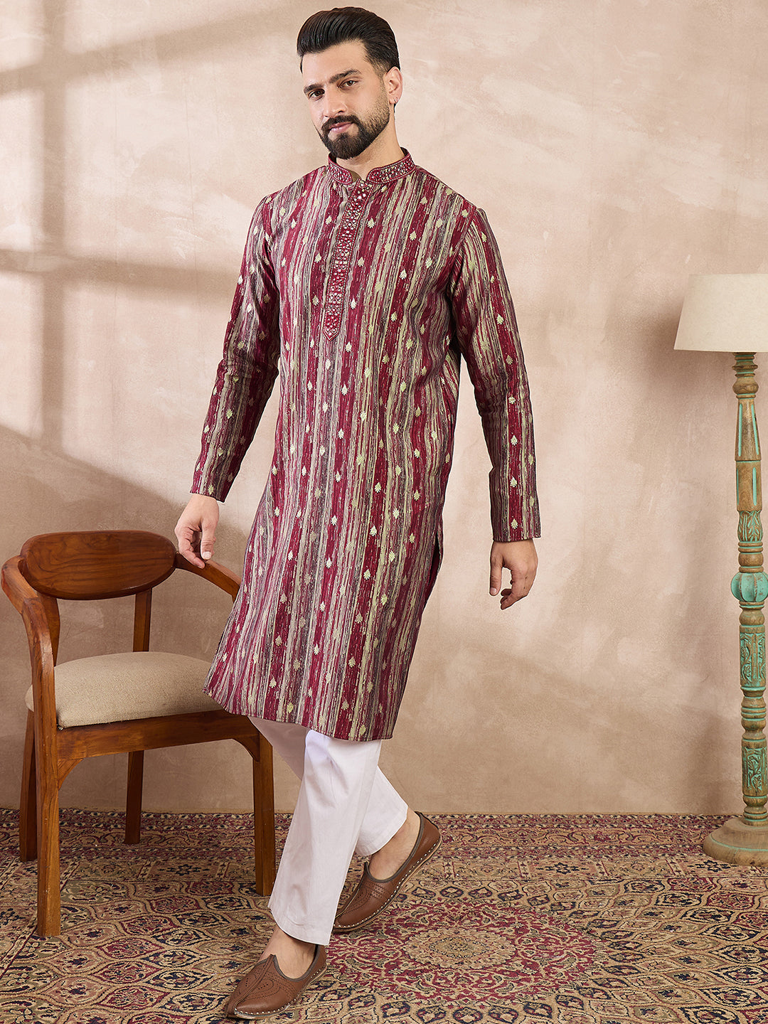 Ethnic Bay Men Maroon Silk Blend Abstract Printed Straight Kurta With Trouser