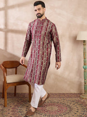 Ethnic Bay Men Maroon Silk Blend Abstract Printed Straight Kurta With Trouser-MKSET2006