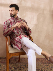 Ethnic Bay Men Maroon Silk Blend Abstract Printed Straight Kurta With Trouser-MKSET2006