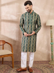 Ethnic Bay Men Green Silk Blend Abstract Printed Straight Kurta With Trouser-MKSET2007