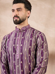 Ethnic Bay Men Purple Silk Blend Abstract Printed Straight Kurta With Trouser-MKSET2008