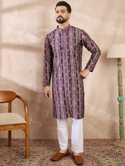 Ethnic Bay Men Purple Silk Blend Abstract Printed Straight Kurta With Trouser-MKSET2008