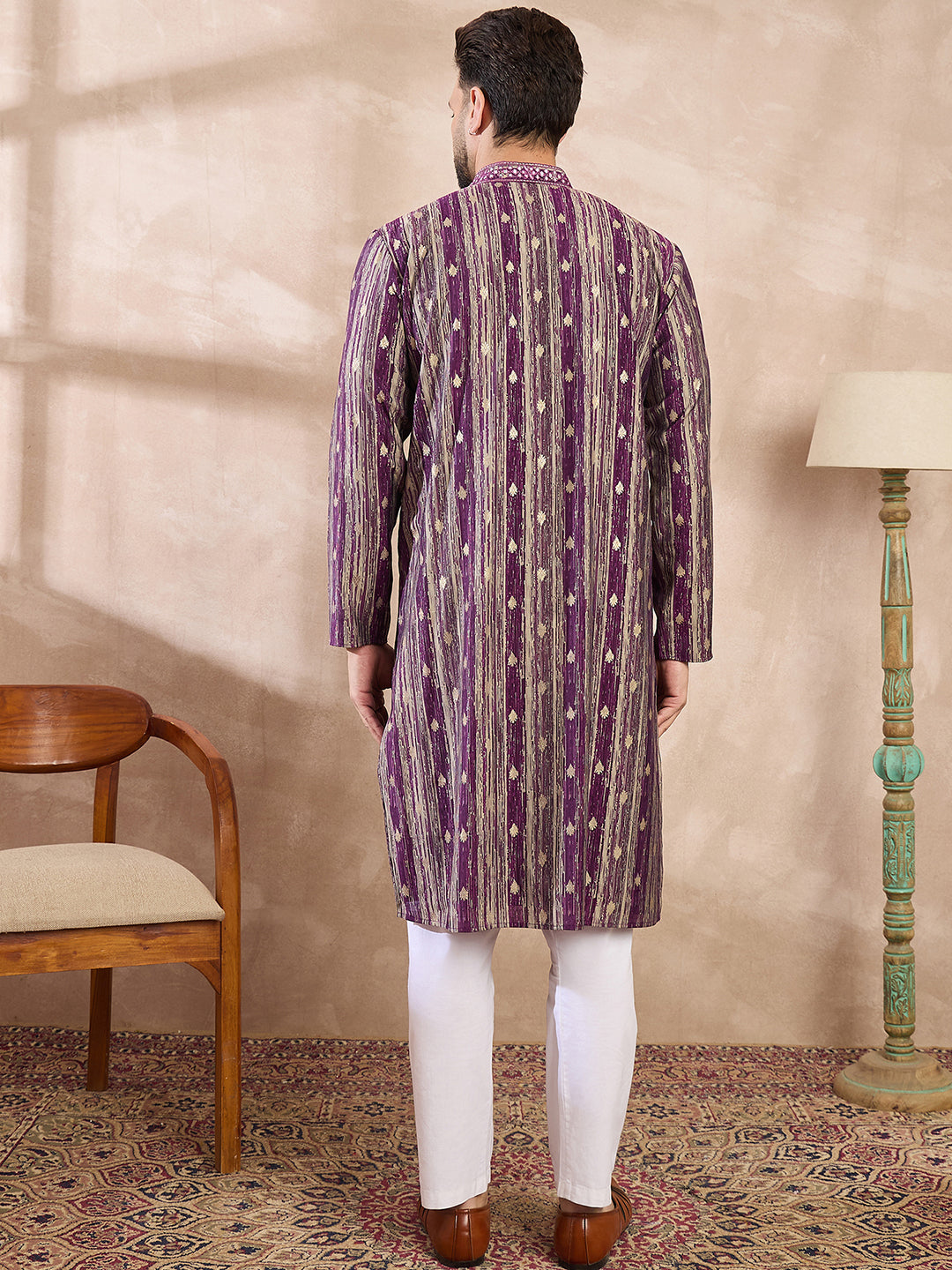 Ethnic Bay Men Purple Silk Blend Abstract Printed Straight Kurta With Trouser