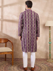 Ethnic Bay Men Purple Silk Blend Abstract Printed Straight Kurta With Trouser-MKSET2008