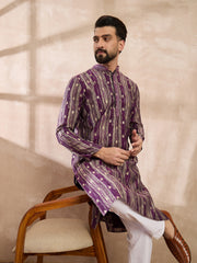 Ethnic Bay Men Purple Silk Blend Abstract Printed Straight Kurta With Trouser-MKSET2008