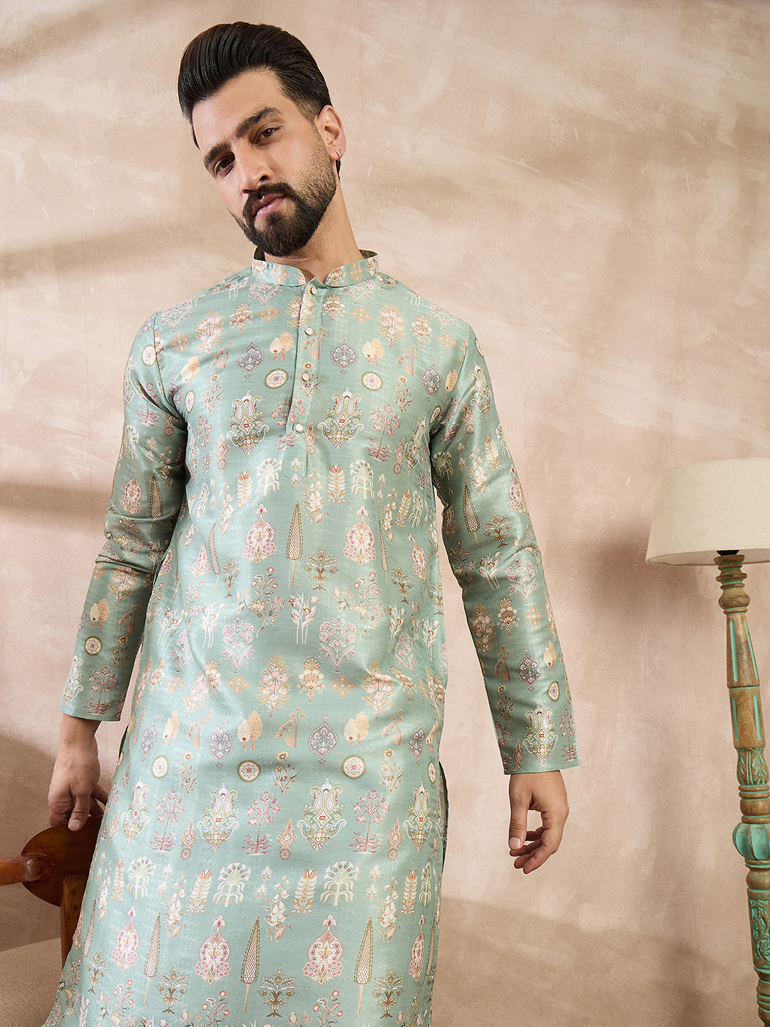 Ethnic Bay Men Green Silk Blend Floral Printed Straight Kurta With Trouser
