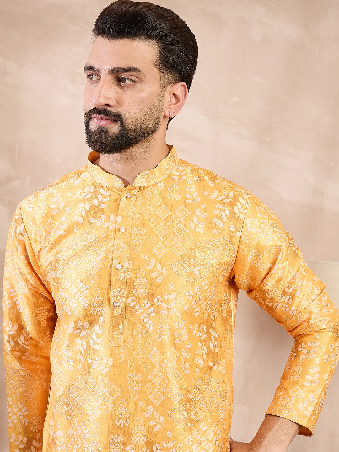 Ethnic Bay Men Yellow Silk Blend Ethnic Motifs Printed Straight Kurta With Trouser