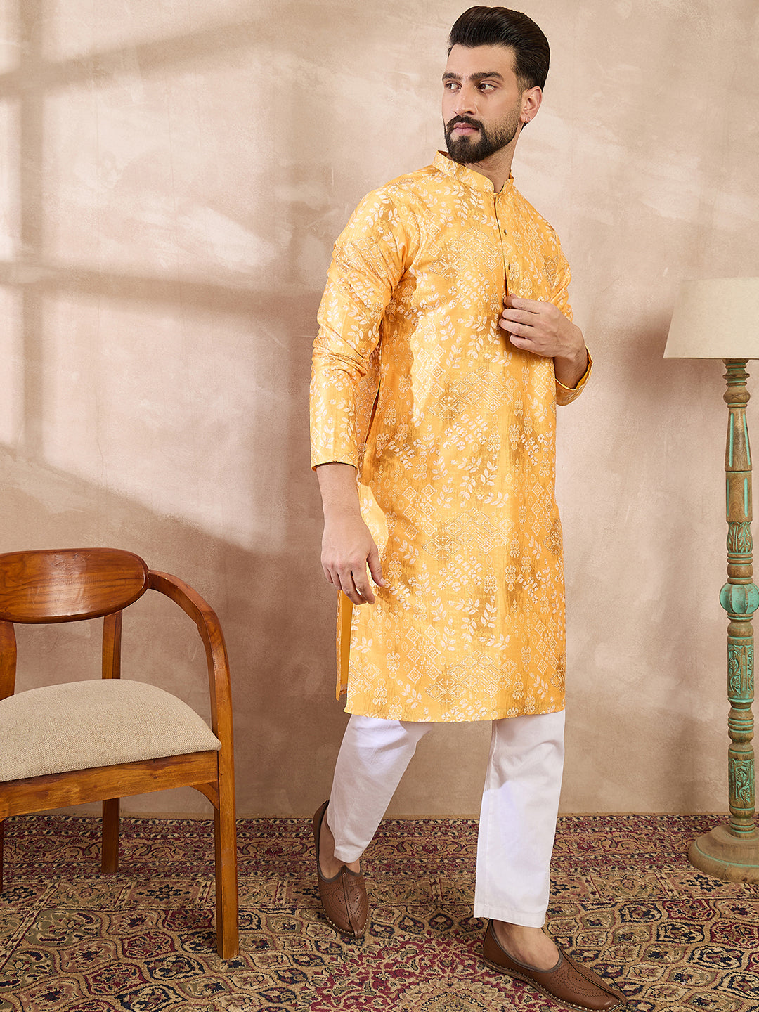 Ethnic Bay Men Yellow Silk Blend Ethnic Motifs Printed Straight Kurta With Trouser