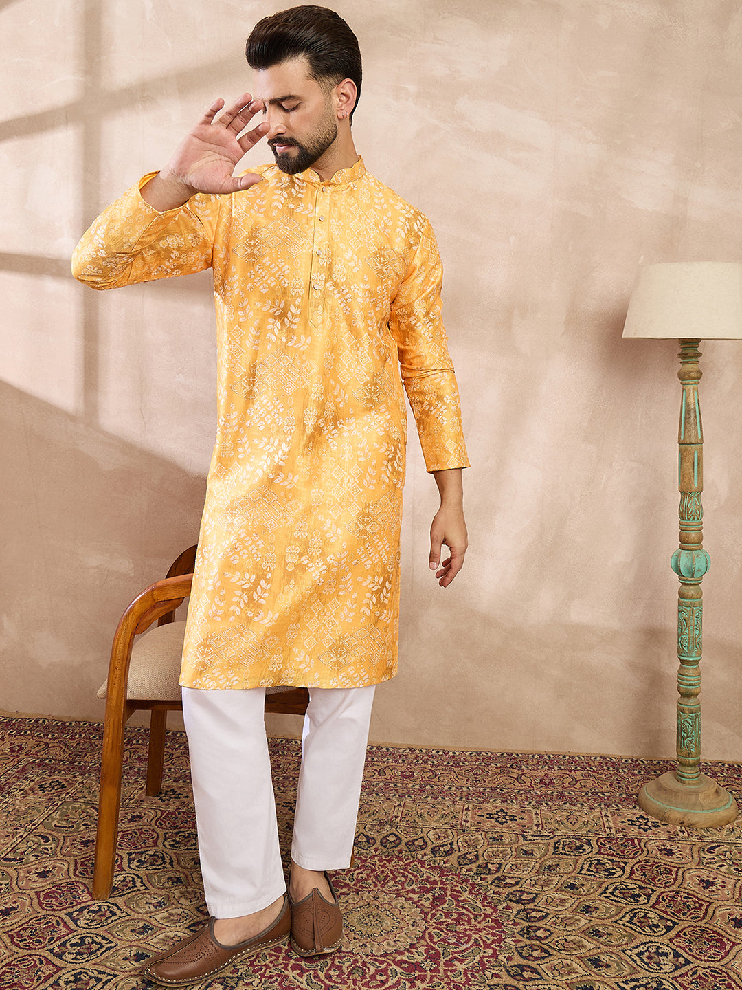 Ethnic Bay Men Yellow Silk Blend Ethnic Motifs Printed Straight Kurta With Trouser
