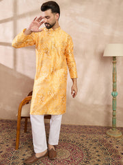 Ethnic Bay Men Yellow Silk Blend Ethnic Motifs Printed Straight Kurta With Trouser-MKSET2012