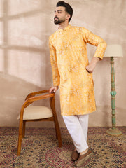 Ethnic Bay Men Yellow Silk Blend Ethnic Motifs Printed Straight Kurta With Trouser-MKSET2012