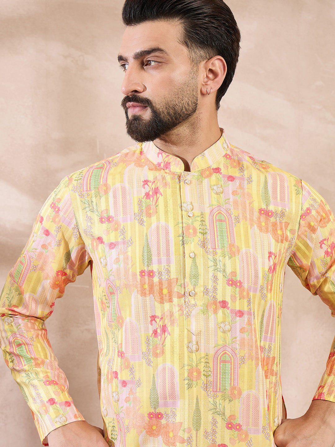 Ethnic Bay Men Yellow Silk Blend Abstract Printed Straight Kurta With Trouser