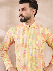 Ethnic Bay Men Yellow Silk Blend Abstract Printed Straight Kurta With Trouser-MKSET2013
