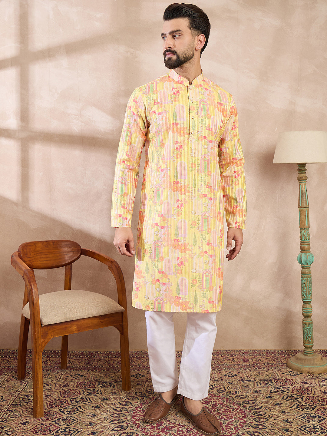 Ethnic Bay Men Yellow Silk Blend Abstract Printed Straight Kurta With Trouser
