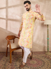 Ethnic Bay Men Yellow Silk Blend Abstract Printed Straight Kurta With Trouser-MKSET2013