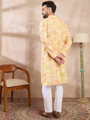 Ethnic Bay Men Yellow Silk Blend Abstract Printed Straight Kurta With Trouser-MKSET2013