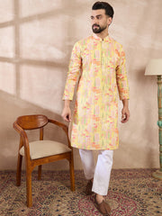 Ethnic Bay Men Yellow Silk Blend Abstract Printed Straight Kurta With Trouser-MKSET2013