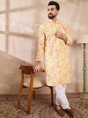 Ethnic Bay Men Yellow Silk Blend Abstract Printed Straight Kurta With Trouser-MKSET2013