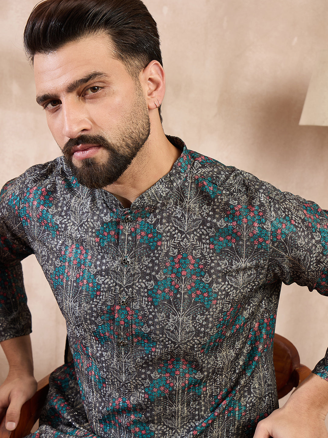 Ethnic Bay Men Black Silk Blend Floral Printed Straight Kurta With Trouser