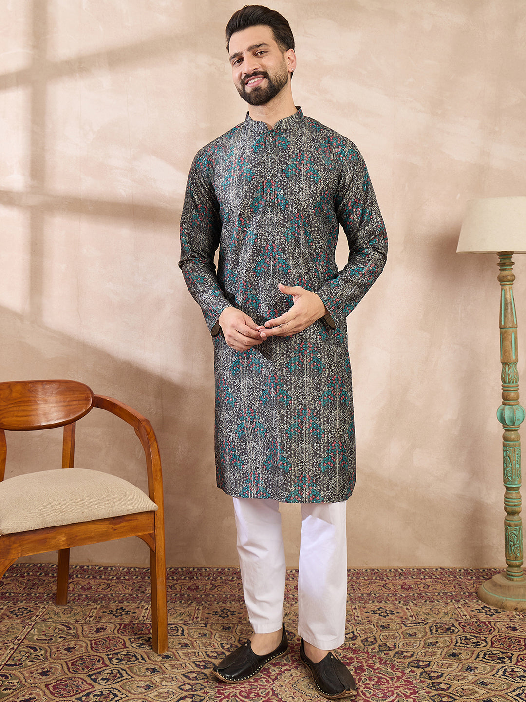 Ethnic Bay Men Black Silk Blend Floral Printed Straight Kurta With Trouser