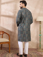 Ethnic Bay Men Black Silk Blend Floral Printed Straight Kurta With Trouser-MKSET2015