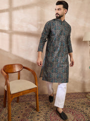 Ethnic Bay Men Black Silk Blend Floral Printed Straight Kurta With Trouser-MKSET2015